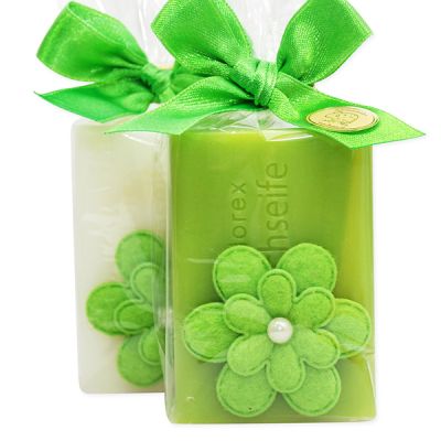 Schafmilchseife eckig 100g dekoriert mit Blume in Cello, Classic/Birne 