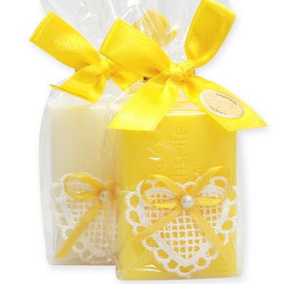 Sheep milk soap 100g, decorated with a crochet heart in a cellophane, Classic/frangipani 