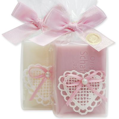 Sheep milk soap square 100g decorated with a heart in a cellophane, Classic/Japanese cherry 