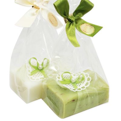Schafmilchseife eckig 100g dekoriert mit Herz in Cello, Classic/Eisenkraut 