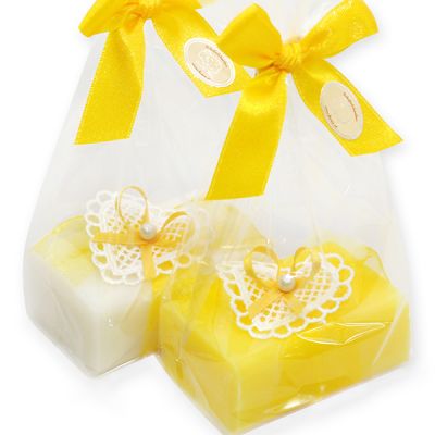 Sheep milk soap 100g decorated with a crocheted heart in a cellophane, Classic/frangipani 