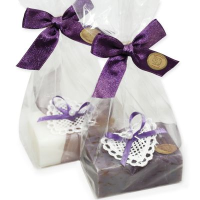 Sheep milk soap 100g decorated with a crochet heart in a cellophane, Classic/lavender 