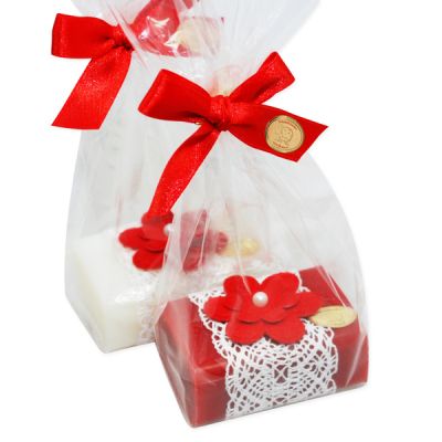 Sheep milk soap square 100g decorated with a red flower in a cellophane, Classic/rose 