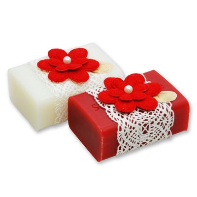 Sheep milk soap square 100g decorated with a red flower, Classic/rose 
