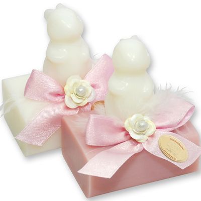 Schafmilchseife eckig 100g dekoriert mit Seife Hase Langohr 23g, Classic/Japanische Kirsche 