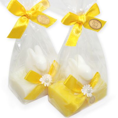 Sheep milk soap 100g decorated with a soap rabbit 40g in a cellophane, Classic/frangipani 