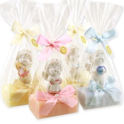 Sheep milk soap 100g decorated with an angel-igor in a cellophane bag, Baby/Peony/Forget-me-not 