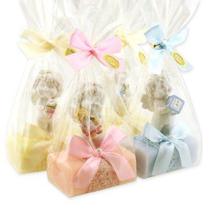 Sheep milk soap 100g decorated with an angel-igor in a cellophane bag, Baby/Peony/Forget-me-not 