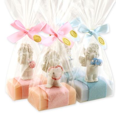 Sheep milk soap 100g decorated with an angel-igor in a cellophane bag, Peony/Forget-me-not 