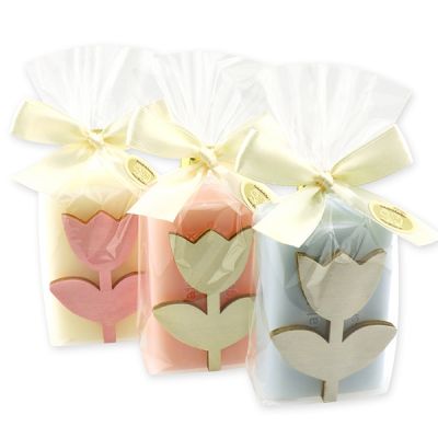 Sheep milk soap 100g decorated with a wooden tulip in a cellophane bag, Classic/Peony/Forget-me-not 