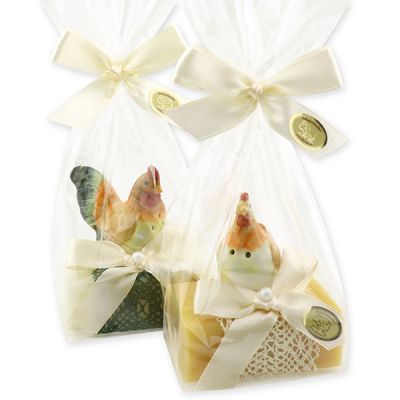 Sheep milk soap 100g decorated with a cock salt/pepper shaker in a cellophane bag, Classic/Swiss pine 