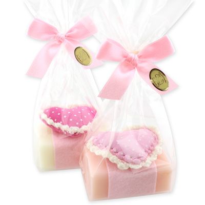 Sheep milk soap 100g decorated with a heart in a cellophane bag, Classic/Peony 
