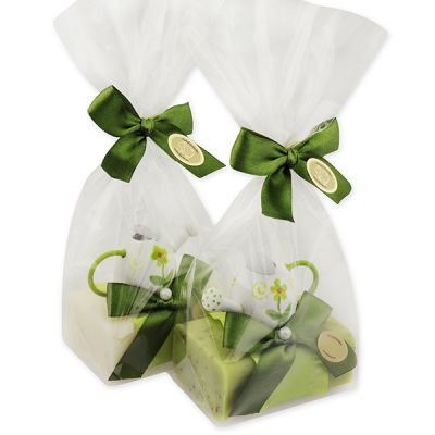 Schafmilchseife eckig 100g dekoriert mit Gieskanne in Cello, Classic/Eisenkraut 