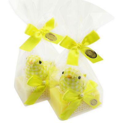 Sheep milk soap 100g decorated with a felt bird in a cellophane bag, Classic/chamomile 
