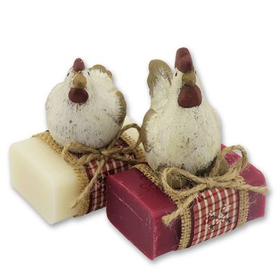 Sheep milk soap 100g decorated with a rooster/chicken, Classic/mallow flower 