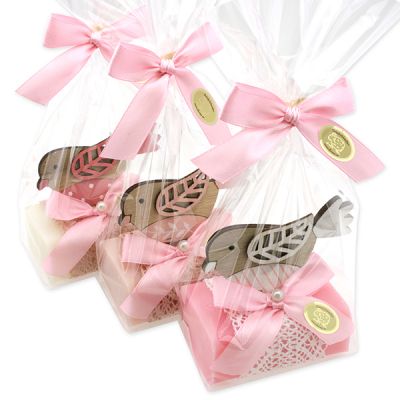 Schafmilchseife eckig 100g dekoriert mit Vogel in Cello, Classic/Magnolie/Rose Diana 