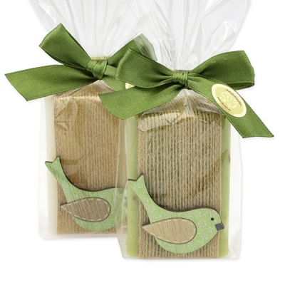 Schafmilchseife eckig 100g dekoriert mit Vogel in Cello, Classic/Eisenkraut 
