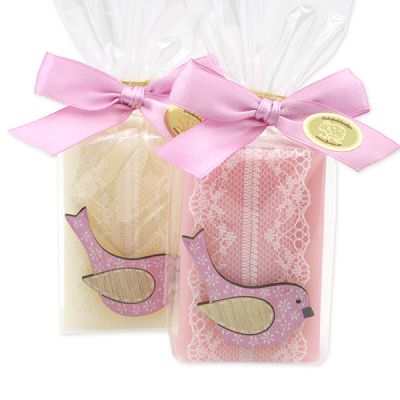 Schafmilchseife eckig 100g dekoriert mit Vogel in Cello, Classic/Japanische Kirsche 