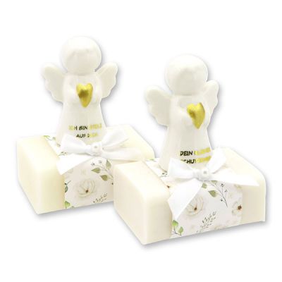 Schafmilchseife eckig 100g dekoriert mit Schutzengel mit Herz, Classic/Schneerose 