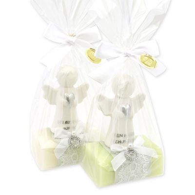 Schafmilchseife eckig 100g dekoriert mit Schutzengel mit Herz in Cello, Classic/Wiesenblume 