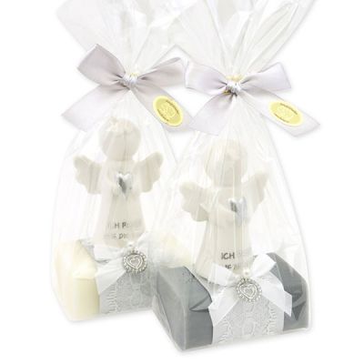 Schafmilchseife eckig 100g dekoriert mit Schutzengel mit Herz in Cello, Classic/Christrose 