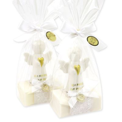 Schafmilchseife eckig 100g dekoriert mit Schutzengel mit Herz in Cello, Classic/Schneerose 