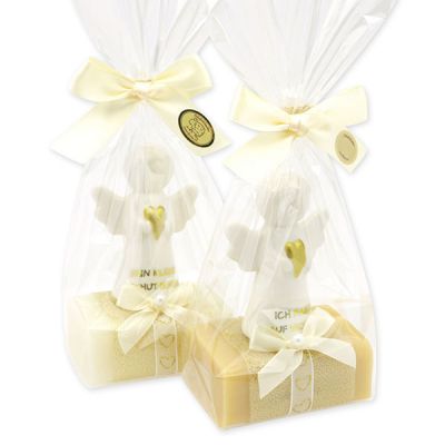 Schafmilchseife eckig 100g dekoriert mit Schutzengel mit Herz in Cello, Classic/Zirbe 