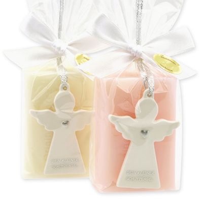 Schafmilchseife eckig 100g dekoriert mit Schutzengel mit Herz in Cello, Classic/Jasmin 