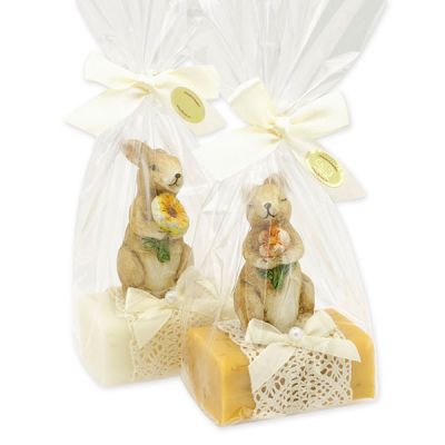 Schafmilchseife eckig 100g dekoriert mit Hase in Cello, Classic/Ringelblume 