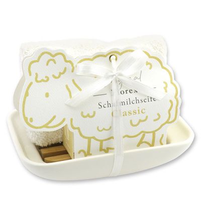 Soap dish porcelain decorated with a sheep milk soap 100g in a sheep paper box, Classic 