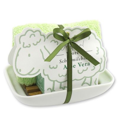 Soap dish porcelain decorated with a sheep milk soap 100g in a sheep paper box, Aloe vera 