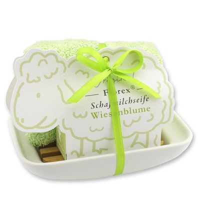 Seifenschale Porzellan dekoriert mit Schafmilchseife 100g in der Schäfchen-Schachtel, Wiesenblume 