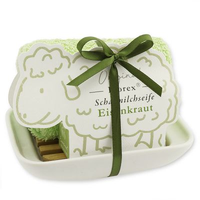 Soap dish porcelain decorated with a sheep milk soap 100g in a sheep paper box, Verbena 