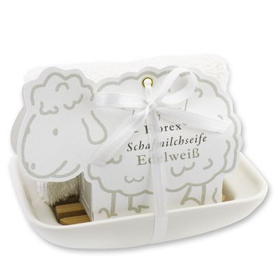 Seifenschale Porzellan dekoriert mit Schafmilchseife 100g in der Schäfchen-Schachtel, Edelweiß 