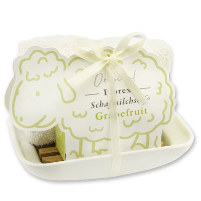 Soap dish porcelain decorated with a sheep milk soap 100g in a sheep paper box, Grapefruit 