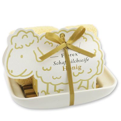 Seifenschale Porzellan dekoriert mit Schafmilchseife 100g in der Schäfchen-Schachtel, Honig 