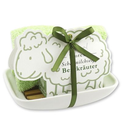 Soap dish porcelain decorated with a sheep milk soap 100g in a sheep paper box, Mountain herbs 