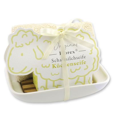 Soap dish porcelain decorated with a sheep milk soap 100g in a sheep paper box, Kitchen soap 