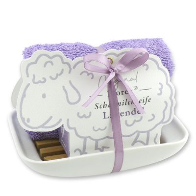 Seifenschale Porzellan dekoriert mit Schafmilchseife 100g in der Schäfchen-Schachtel, Lavendel 