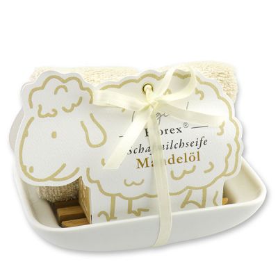 Soap dish porcelain decorated with a sheep milk soap 100g in a sheep paper box, Almond oil 