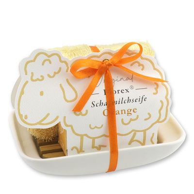Soap dish porcelain decorated with a sheep milk soap 100g in a sheep paper box, Orange 