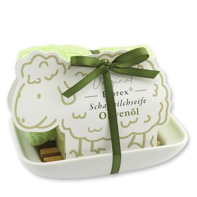 Soap dish porcelain decorated with a sheep milk soap 100g in a sheep paper box, Olive oil 