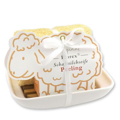 Soap dish porcelain decorated with a sheep milk soap 100g in a sheep paper box, Peeling with poppy 
