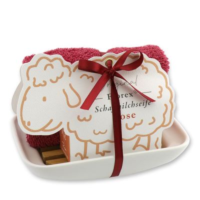 Soap dish porcelain decorated with a sheep milk soap 100g in a sheep paper box, Rose with petals 