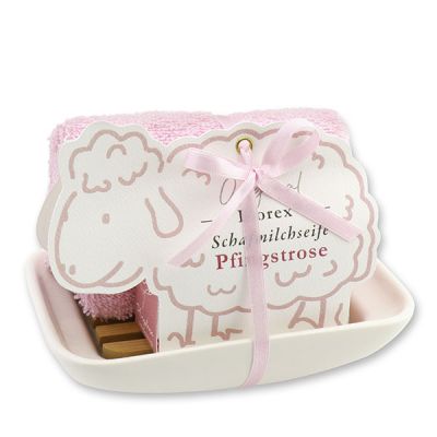 Soap dish porcelain decorated with a sheep milk soap 100g in a sheep paper box, Peony 
