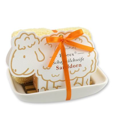 Soap dish porcelain decorated with a sheep milk soap 100g in a sheep paper box, Sea buckthorn 