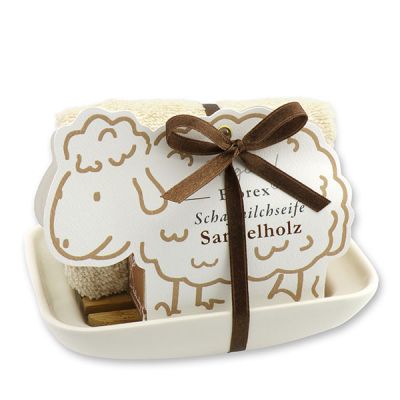 Seifenschale Porzellan dekoriert mit Schafmilchseife 100g in der Schäfchen-Schachtel, Sandelholz 