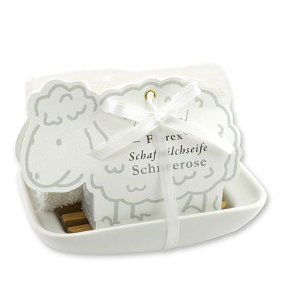 Soap dish porcelain decorated with a sheep milk soap 100g in a sheep paper box, Christmas rose white 
