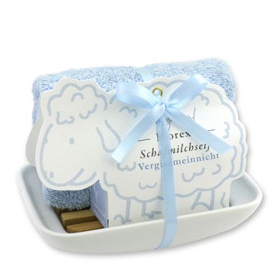 Soap dish porcelain decorated with a sheep milk soap 100g in a sheep paper box, Forget-me-not 