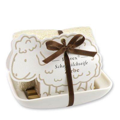 Soap dish porcelain decorated with a sheep milk soap 100g in a sheep paper box, Swiss pine 